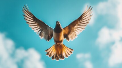 Fototapeta premium Dove in flight, wings spread wide against a blue sky.