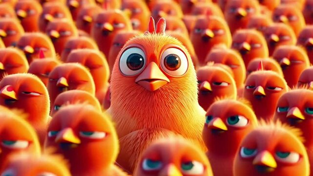 A fluffy chick stands out from the crowd of other chicks.