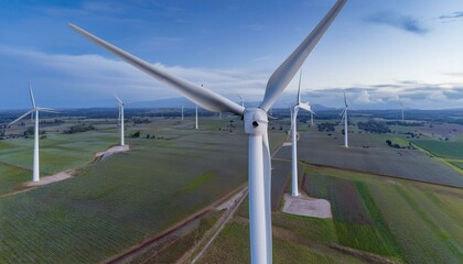 거대한 터빈 블레이드가 회전하며 풍력을 생산하는 풍력발전기 단지