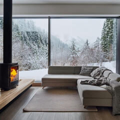 modern cosy living room with a sofa next to the fire, looking out on a snowy day