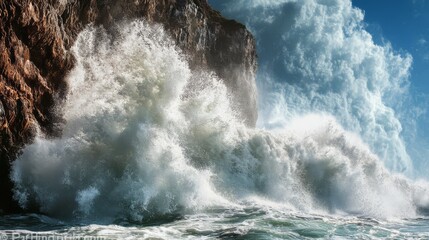 Dramatic ocean waves crashing against a cliff face.