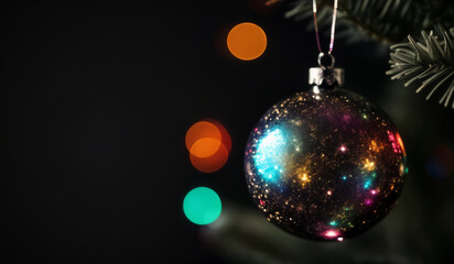 Obraz premium A colorful Christmas ornament on a black background with bokeh sparkles.