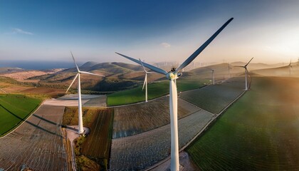 거대한 터빈 블레이드가 회전하며 풍력을 생산하는 풍력발전기 단지