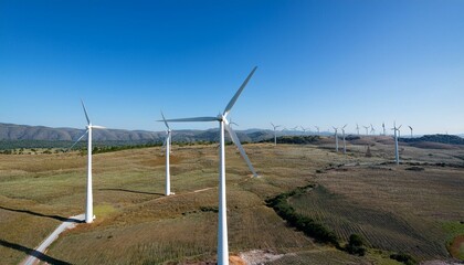 거대한 터빈 블레이드가 회전하며 풍력을 생산하는 풍력발전기 단지