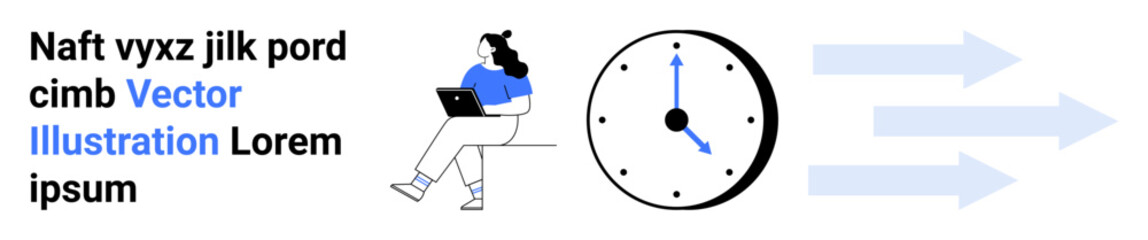Female character sitting with laptop, large clock, and three arrows indicating workflow or time progression. Ideal for productivity, scheduling, efficiency, planning, deadlines, time management