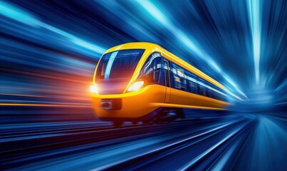 Fototapeta premium Yellow Train Moving Rapidly with Motion Blur on Blue Background