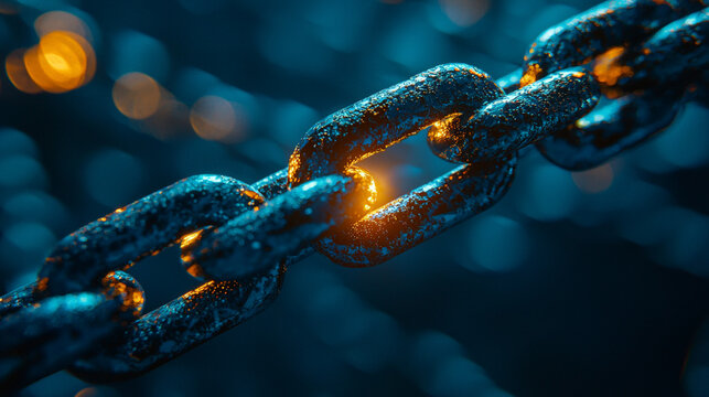 A vivid depiction of a blue metal chain with a single glowing gold link, representing the missing connection in second language education. Generative AI