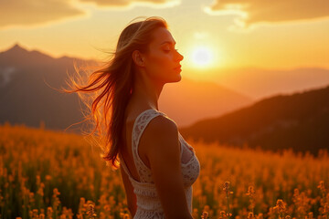 A woman relaxed in nature at sunset