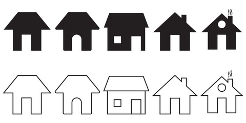 Set of home icons representing different house designs. Ideal for real estate, rentals, and home improvement themes. Simple vector illustrations for versatile use.