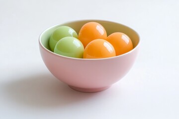 closeup of pastel balls in white bowl on white background