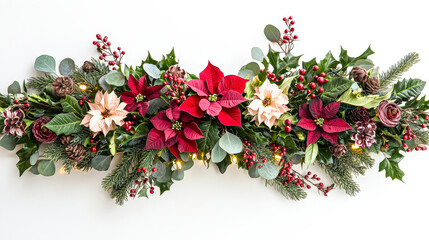 A beautiful holiday floral arrangement showcases red and cream poinsettias complemented by berries and pine, ideal for seasonal decor and celebrations