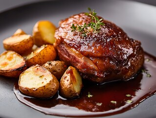 A gourmet dish of duck confit with a side of roasted potatoes.
