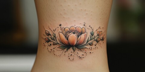 Elegant floral tattoo design on the lower back showcasing vibrant colors and intricate details during a creative session