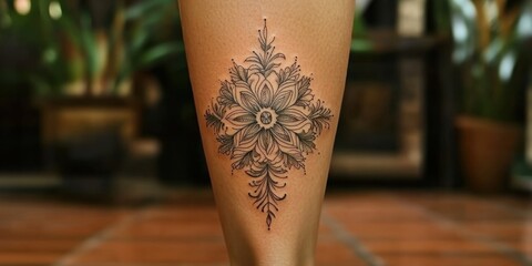 Intricate floral tattoo design adorns a leg in a vibrant indoor setting with lush greenery