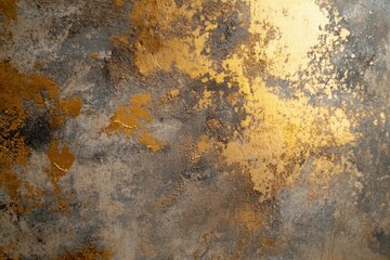 Weathered Gray and Gold Textured Wall Background  with Rustic Metallic Finish and Distressed Streaks and Stains