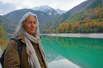 Mature woman enjoying a serene moment by a tranquil mountain lake surrounded by autumn colors