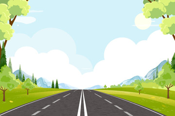 Spring Landscape with Asphalt road Green fields,Mountain,Blue Sky and Clouds Background,Horizon peaceful rural nature Sunny day Summer with grass land.Cartoon Vector illustration for Summer banner © Anchalee
