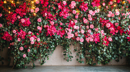 A stunning display of pink roses and vibrant red foliage creates a lively wall decoration, enhanced by soft glowing lights in a cozy indoor setting