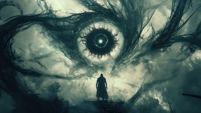 Dark Mystic Realm with Eye and Silhouetted Figure
