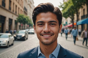 Fototapeta premium Close portrait of a smiling young Mexican businessman looking at the camera, Mexican big city outdoors blurred background