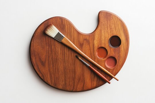 Wooden artist's palette with paint and brushes.