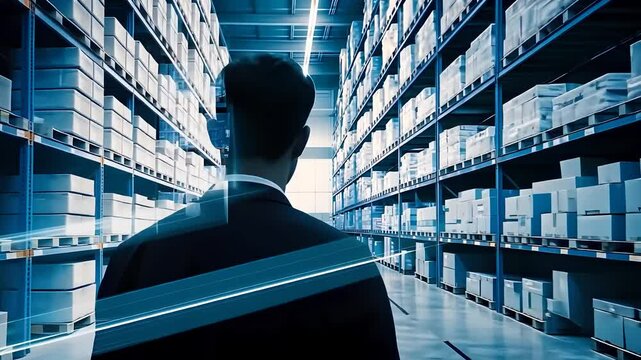 Business Professional Observing Organized Warehouse Shelves in Futuristic Setting

