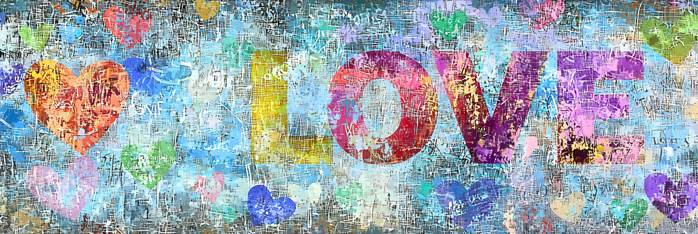 Poster a vibrant mural displays the word love prominently in various colors, surrounded by numerous heart s