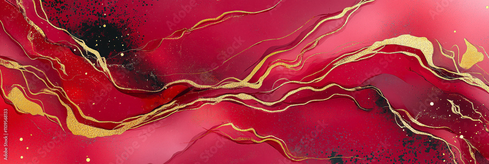 Aufkleber Abstract red and gold artwork with flowing lines and textures, creating a vibrant and dynamic visual experience
