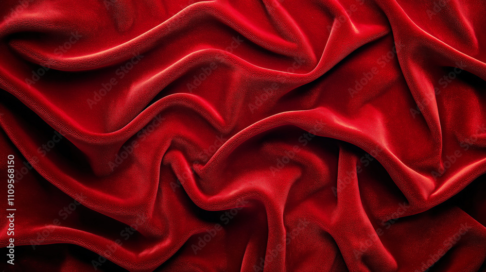 Poster luxurious deep red fabric draped elegantly, showcasing rich texture and intricate folds in soft natu