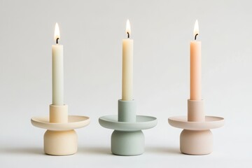 pastel color candle stand with candle on white background