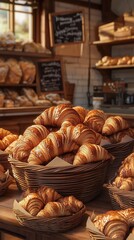  Freshly baked croissants displayed in rustic bakery.