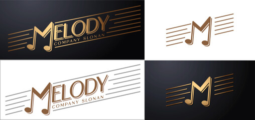 M Music letter logo. Music logo concept with musical notes forms M letter shape. Vector logo, icon, sign and symbol design. 