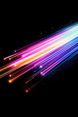 Vibrant light trails twist against a deep black background, showcasing stunning visual effects and motion captured through long exposure photography, revealing mesmerizing energy and lively designs