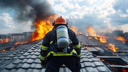 Obraz premium Close-up of firefighter adjusting protective mask for safety