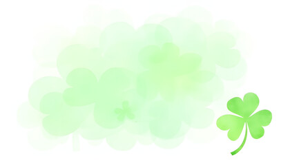 Soft pastel green shamrocks in a blurred background with one clear clover on the side