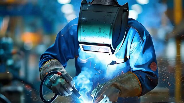 A welder in protective gear works on metal, creating sparks and bright light in a workshop environment.