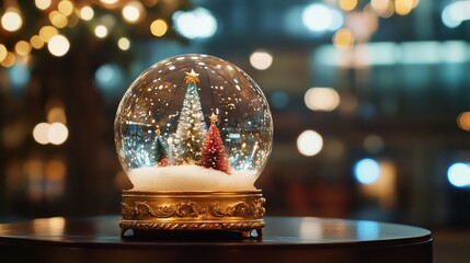 Magical Christmas snow globe with miniature white and red trees inside on ornate golden base, captured against blurred bokeh lights creating festive holiday atmosphere