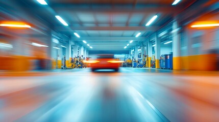 Dynamic motion blur in underground parking garage with futuristic blue and orange color scheme, speeding car creating dramatic perspective and lighting effects at night.