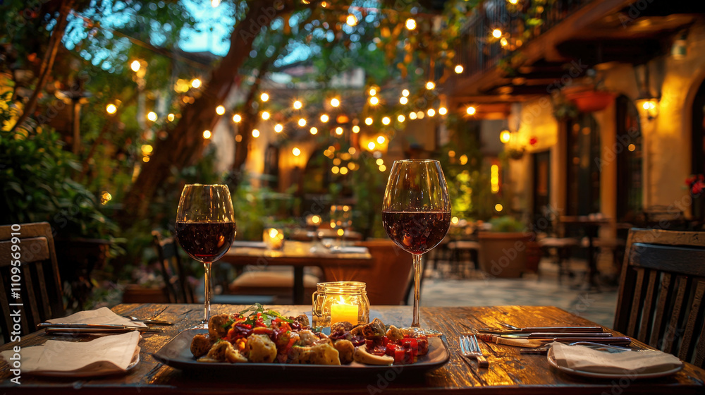 Poster enjoy a romantic dinner with exquisite dishes and wine, surrounded by warm string lights and lush gr