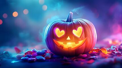 A brightly glowing jack-o'-lantern with heart-shaped eyes and a beaming smile, glowing vividly in a vibrant Halloween-themed background.

