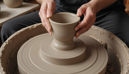 Potter shaping a clay cup on a wheel in a cozy pottery studio