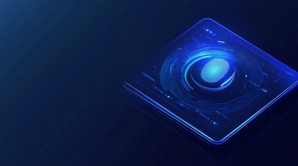 Futuristic digital fingerprint scanning technology on dark blue background with glowing biometric authentication interface, modern security concept visualization