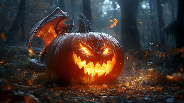 A sinister jack-o'-lantern with sharp glowing teeth and angular eyes is placed in a shadowy forest, creating an ominous Halloween setting.

