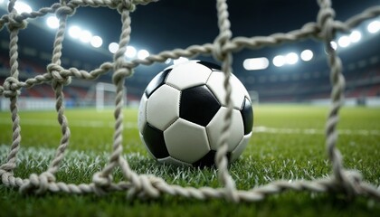 Soccer ball placed on the grass field behind the net in a stadium at night