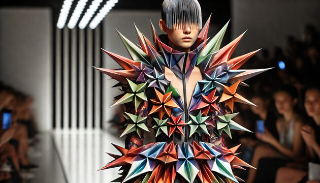 High fashion woman wearing a contemporary style clothing with colourful spikes  