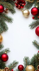 Festive Christmas frame border with red and gold ornament balls, natural pine branches and pinecones on white background, perfect for holiday greeting cards.