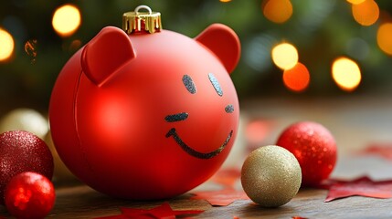 Whimsical red ornament with a smiley face, surrounded by festive decorations.
