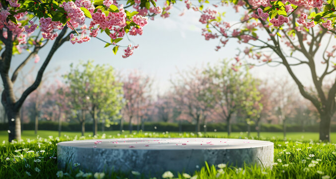 A sleek and clean podium situated in a vibrant spring landscape featuring vivid blooms and lush foliage. Perfect for presenting spring inspired products, beauty campaigns, or sustainable concepts.