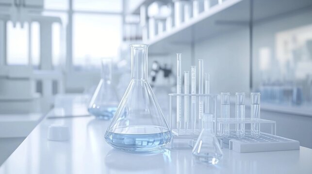 Modern scientific laboratory setup with glass beakers, test tubes and flasks containing blue liquid on white countertop, clean sterile environment for research and testing.