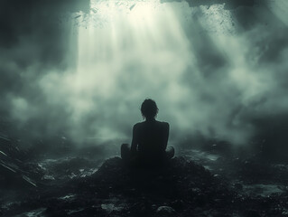 Obraz premium Silhouette méditative dans un paysage de cendres brumeux